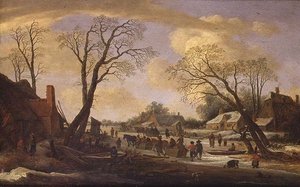 A Winter River Landscape with Peasants and Horse Drawn Sledges