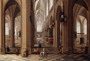 The Interior of a Gothic Cathedral with Townsfolk and Pilgrims by Pieter the Elder Neeffs