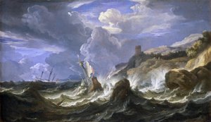 Shipwreck in a storm near a rocky coastline, mid-17th century by Pieter the Younger (1637 1701) Mulier