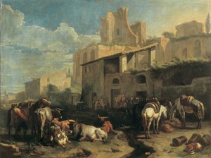 Travellers and Various Animals Stop in Front of a Tavern with Roman Ruins in the Background by Pieter van Bloemen