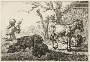 Swines and Donkeys at a Stable, to the Left a Woman-Spinner by Pieter van Laer