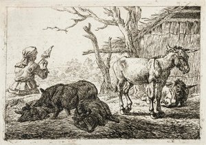 Swines and Donkeys at a Stable, to the Left a Woman-Spinner by Pieter van Laer