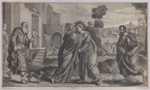 Visitation, Saint Elizabeth Embracing the Virgin at Center as Saint Joseph Walks by Pieter van Lisebetten