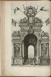 Rivers Tagus, Plata, Ganges and Hydaspes, The Back Face of the Portuguese Triumphal Arch, Entry of Ernst, Archduke of Austria, into Antwerp, Published 1595 by Pieter van der Borcht