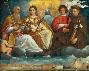 Saint Prosdocimus, Justina, Daniel and Antony of Padua in Glory with a view of the Prato Della Valle, Padua