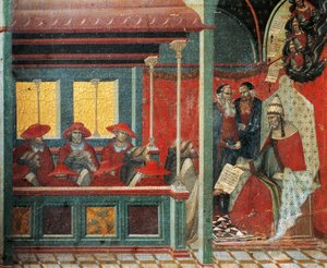 Honorius III approving Carmelite rule (detail), from predella of altarpiece for Carmine, by Pietro Lorenzetti