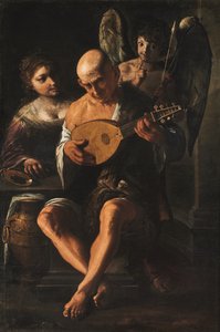 An Elderly Man Playing the Guitar with a Woman and a Putto in Attendance by Pietro Paolini