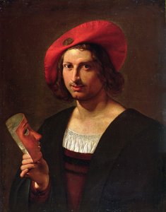 Portrait of a Young Man wearing a Hat with a Badge, holding a Mask
