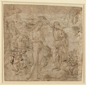 a) The Baptism of Christ; b) Draped Figure Holding a Book and Man Wielding an Ax with a Figure, c.1475