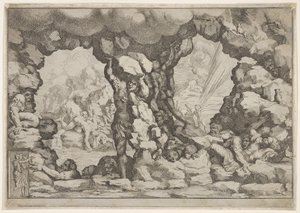 A giant heaving a boulder at center, other giants to left and right struggling and rec...