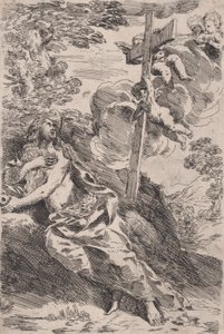 Mary Magdalene in the desert, a cross borne by angels at the right by Pietro Testa
