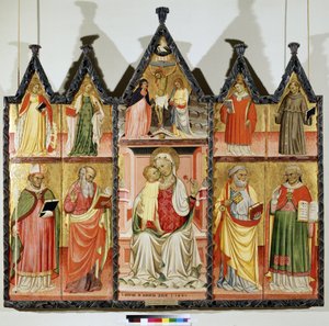 Polyptych of the Virgin and Child with Saints. Top left: Saint Catherine of Alexandria and Saint Mary Magdalene. Center around Christ on the Cross with the inscription "INRI". The Virgin Mary and Saint John. Top right: Saint by Pietro di Giovanni Lianori