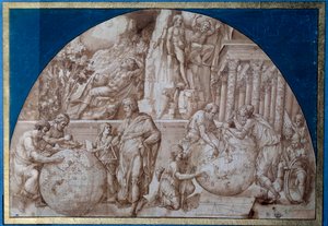 Astronomy allegory. Scientists are taking measurements on Earth globes by Pirro Ligorio
