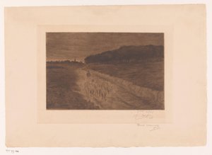 Flock of Sheep with Shepherd on a Heath Path