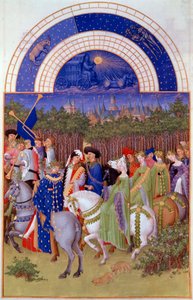 Cortege of Nobles and Musicians on Horseback, View of the Ducal Palace of Riom (?) and the Month of May