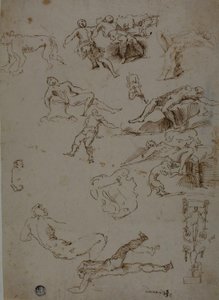 Sketches of Male Nudes, Animals, and Ornamental Details by Polidoro da Caravaggio