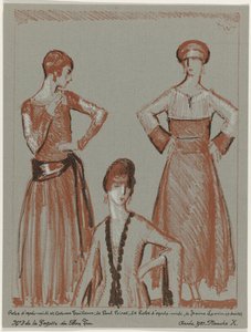 Gazette du Bon Ton, 1921 - No. 3, Pl. X: Afternoon Dress and Tailored Suit by Paul Poiret, and Afternoon Dress by Jeanne Lanvin by Porter Woodruff