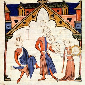 Musicians Playing a Viola and a Tambourine, from the Chansonnier des Nobles by Portuguese School