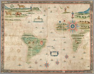 Map of Western Europe, Africa and America, with drawings of mountains, animals, etc.
