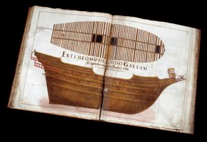 Naval architecture: page of the architectural treatise (Livro de Tracas de Carpintaria) by Manuel Fernandez: cutting a ship by Portuguese School