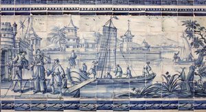 Scene on the banks of a river in Asia - Azulejos, painted faience