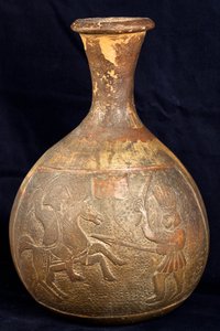 Bottle Depicting a Fight Between a Rider and a Warrior on Foot by Precolombian Precolombian