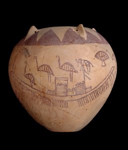 Fired clay jar with painted decoration, including boats and animals, c.3400-3300 BC