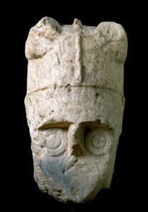 Head of an archer with a horned helmet (miles cornutus), from Monte Prama, conserved at the National Archeological Museum of Cagliari