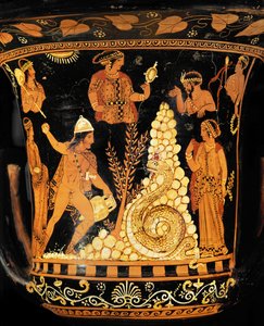 Red-Figured Crater: King Cadmos, an Amphora in One Hand, Throws Stones at the Dragon by Python Python
