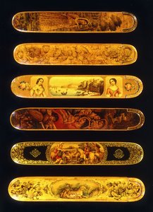 Six Papier Mache Polychrome Lacquer Qalamdans by Qajar School