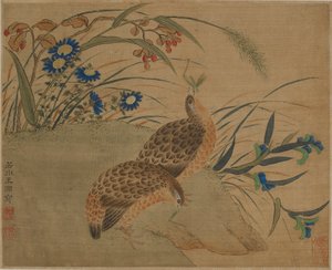 Two quail eating grasshoppers under flowers