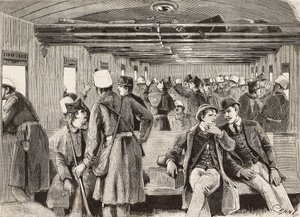 Italian soldiers on train bound for Naples, Italy, second Italian expedition in Red Sea, engraving from drawing by Quinto Cenni and sketch by M Dal Don, from L
