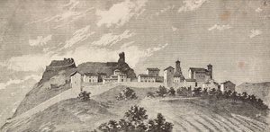 The town of San Giovanni in Galilea, Italy, engraving from a drawing by Quinto Cenni and a sketch by Ulisse Topi, from L