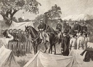 Umberto I, King of Italy, with some officers, visiting military camps