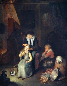 Cottage Interior with woman combing a girl