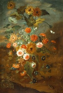 Roses, Carnations, Sunflowers in a Vase with Butterflies, Frogs, Insects