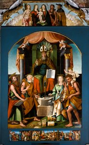 Saint Blaise enthroned between Saints Peter, Paul, Catherine of Alexandria and Christopher, central altarpiece by Raffaele De (fl.1514 1573) Pancalino