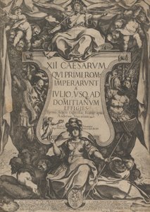 Frontispiece with a trumpeter sounding trumpets seated on top of a cartouche flanked by tr..., 1606