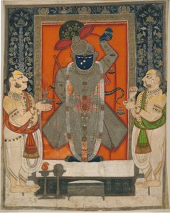 Priests Worshipping Krishna as Shrinathji for Mountain of Food Festival (Annakuta Utsava); Shrine Hanging (Pichhavai) by Rajasthan Kota school