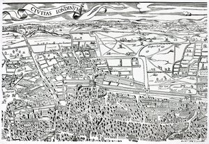 Detail of London North of the city from Civitas Londinium by Ralph Agas