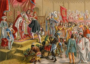 The Spanish monarchs receive Columbus in Barcelona after this first voyage by Ramon Puiggari