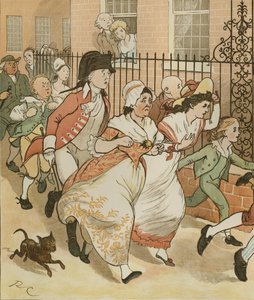 An Elegy on the Death of a Mad Dog by Oliver Goldsmith. Neighbours Rushing to Help the Good Man of Islington. Illustration by Randolph Caldecott