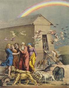 Noah, his family and the animals emerging from the Ark after surviving the flood