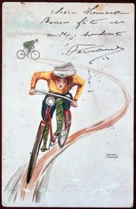 Postcard of a woman on a bicycle - drawing by R. Kirchner, c. 1900 by Raphael Kirchner