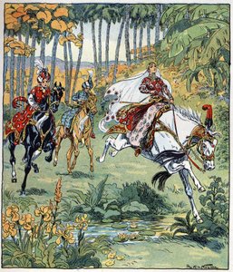Parizade Overtakes His Brothers Bahman and Pervis in the Horse Race. Illustration by Raymond de La Neziere for the Tale 