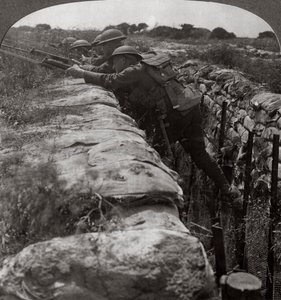 Canadians leaving their trenches to rush a German position, World War I, 1914-1918