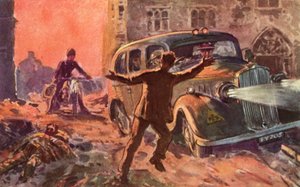 Firemen of the wartime British National Fire Service being alerted to the presence of a badly wounded victim of an air raid, World War II by Reginald Mills