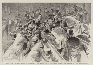 The Fight in the House of Commons, the House as it appeared during the Height of the Disturbance by Reginald Thomas Cleaver
