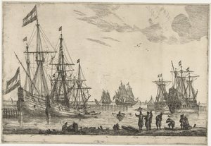 Four Sailing Ships Behind a Breakwater (series title: Thirteen Scenes with Ships) by Reinier Nooms