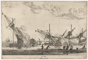 Waterproofing the Hulls of Three Fluyts, Thirteen Scenes with Ships (series title) by Reinier Nooms